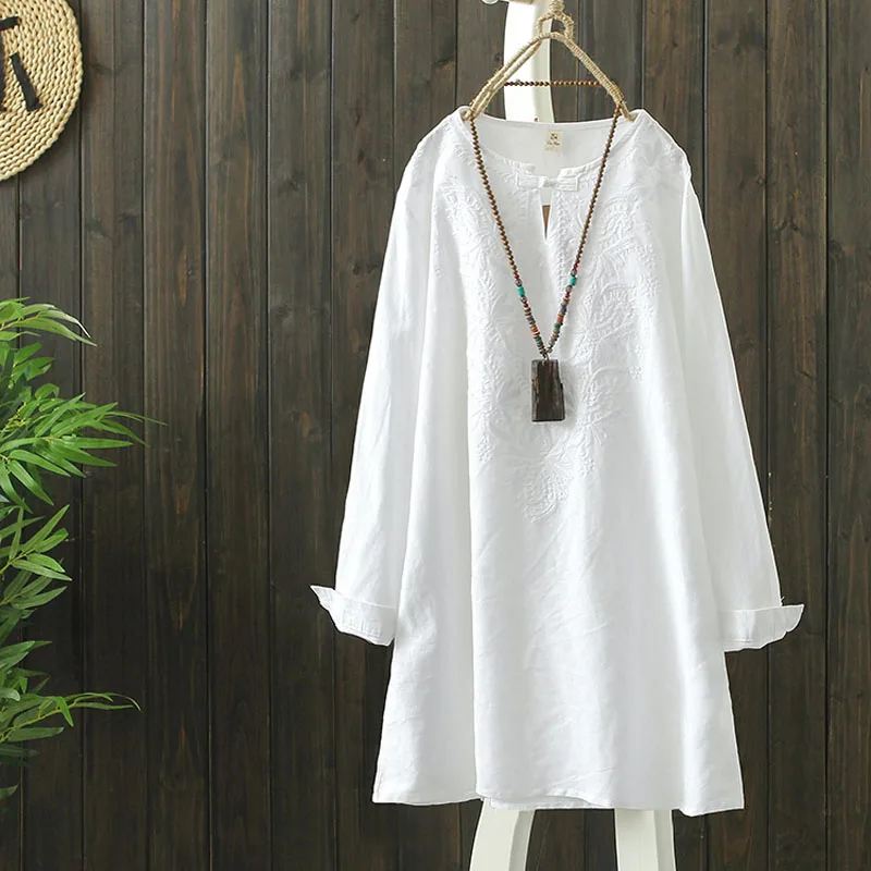 Простой топы с вышитыми цветами и льняная рубашка блузка Для женщин Повседневное