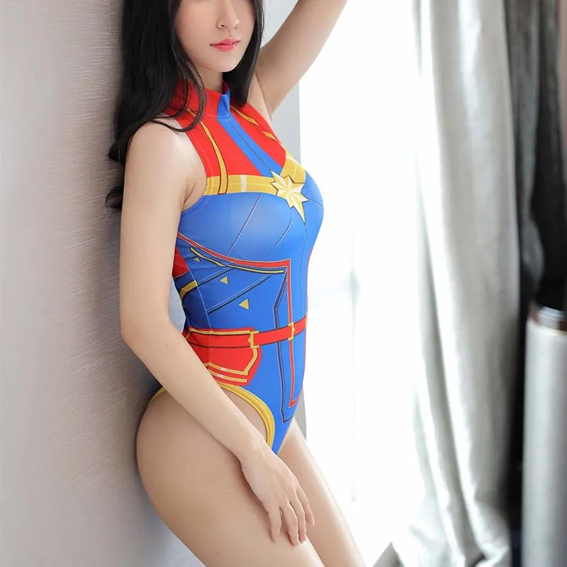 Cosplay Sexy Anime Captain Marvel uniform Erotic Lingerie porno costums Sukumizu Open crotch Bodysuits swimsuit High Cut teddy |