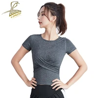 women quick drying running shirt cross short sleeve yoga t shirt workout top fitness gym crop tops solid sports shirts lcp128