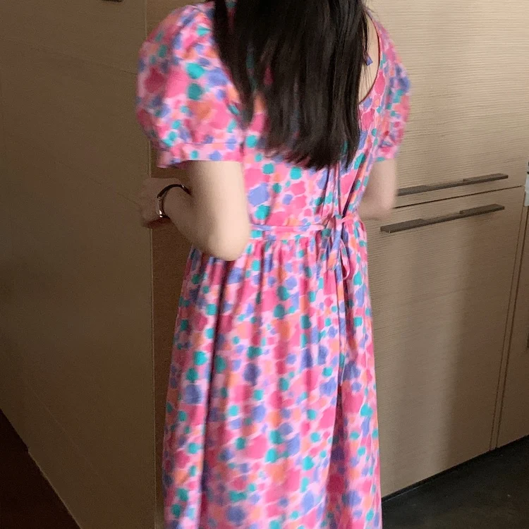 

GRUIICEEN Vintage Printing Dress Female Elegant O Neck Puff Sleeve French Party Long Dress Summer Dresses For Women 2021