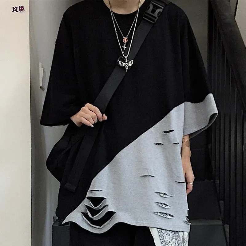 

Fake two Pieces t shirt Short Sleeved Patchwork Grey Black Long Causal Loose tshirt harajuku tops for Couples ropa mujer new