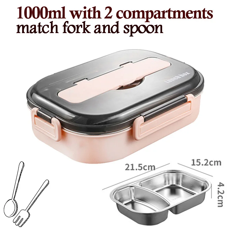 pink 1000ml-2divide SUS 304 Ланч-бокс из нержавеющей стали, контейнеры для еды, переносная коробка для снэк-бенто на заказ, Спортивная Коробка для хранения с отсеками - Цвет: pink 1000ml-2divide