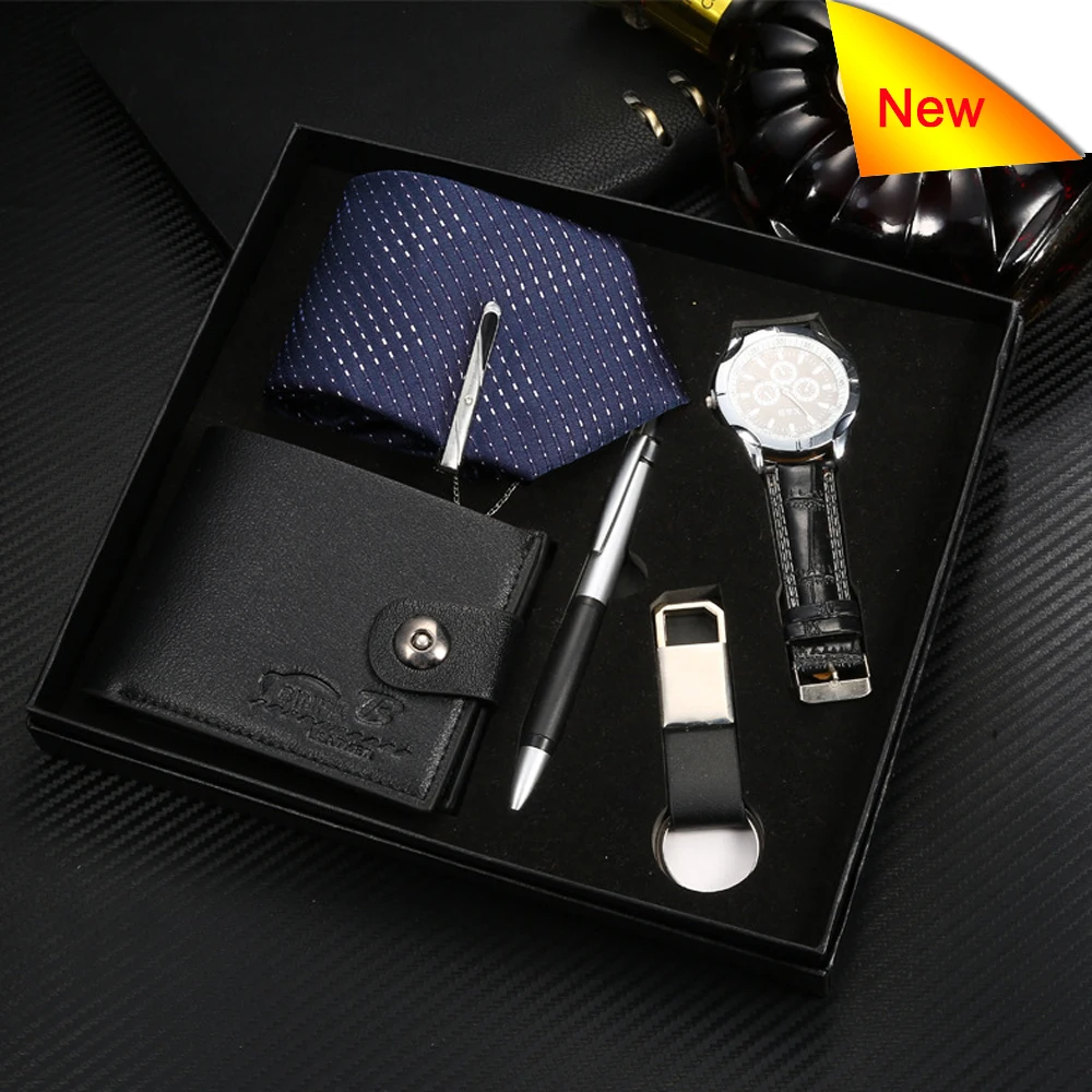 

4Pcs/Set Business Men Necktie Tie Set Wallet 4cm Watch Key Chain Pen Fashion Creative Male Boutique Set Gift Box For Men