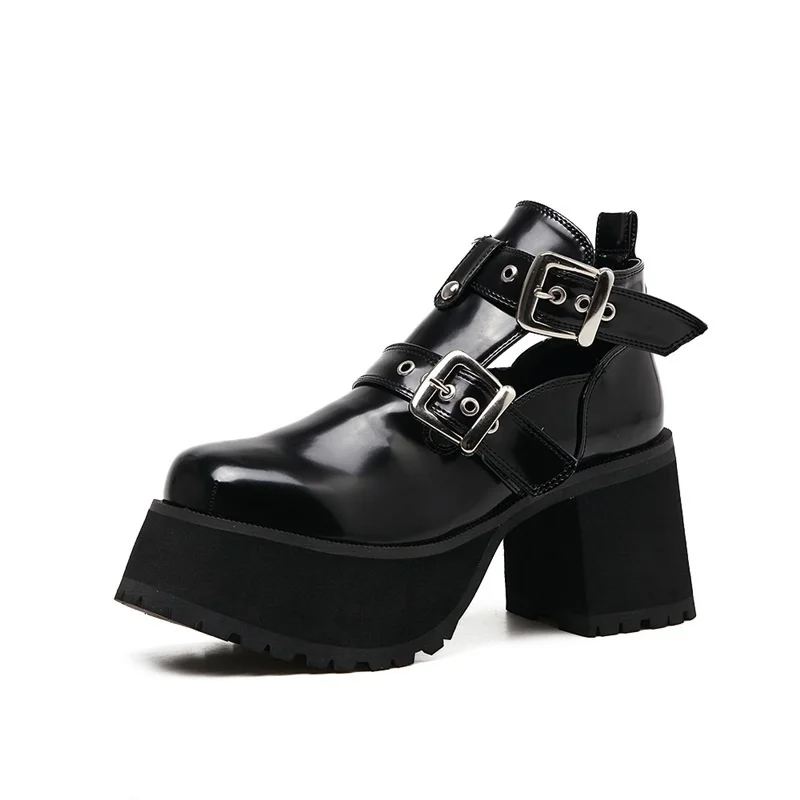 

punk platform shoes women's ins buckle muffin shoes black thick heel locomotive shoes boots