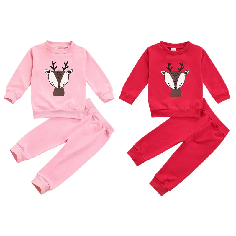 

Детская Хлопковая одежда из 2 предметов для девочек с принтом головы оленя, топы с длинным рукавом и круглым вырезом, брюки, детская одежда