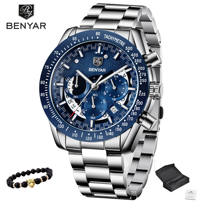 blue BENYAR Роскошные Брендовые мужские часы военные кварцевые наручные часы мужские деловые кожаные часы водонепроницаемые мужские часы Relogio Masculino - Цвет: blue