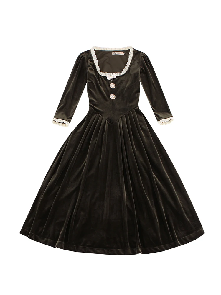Le Palais Vintage Original Fall Winter Vintage Elegant Olive Green Lace Court Velvet Knee-Length Party Women Dress