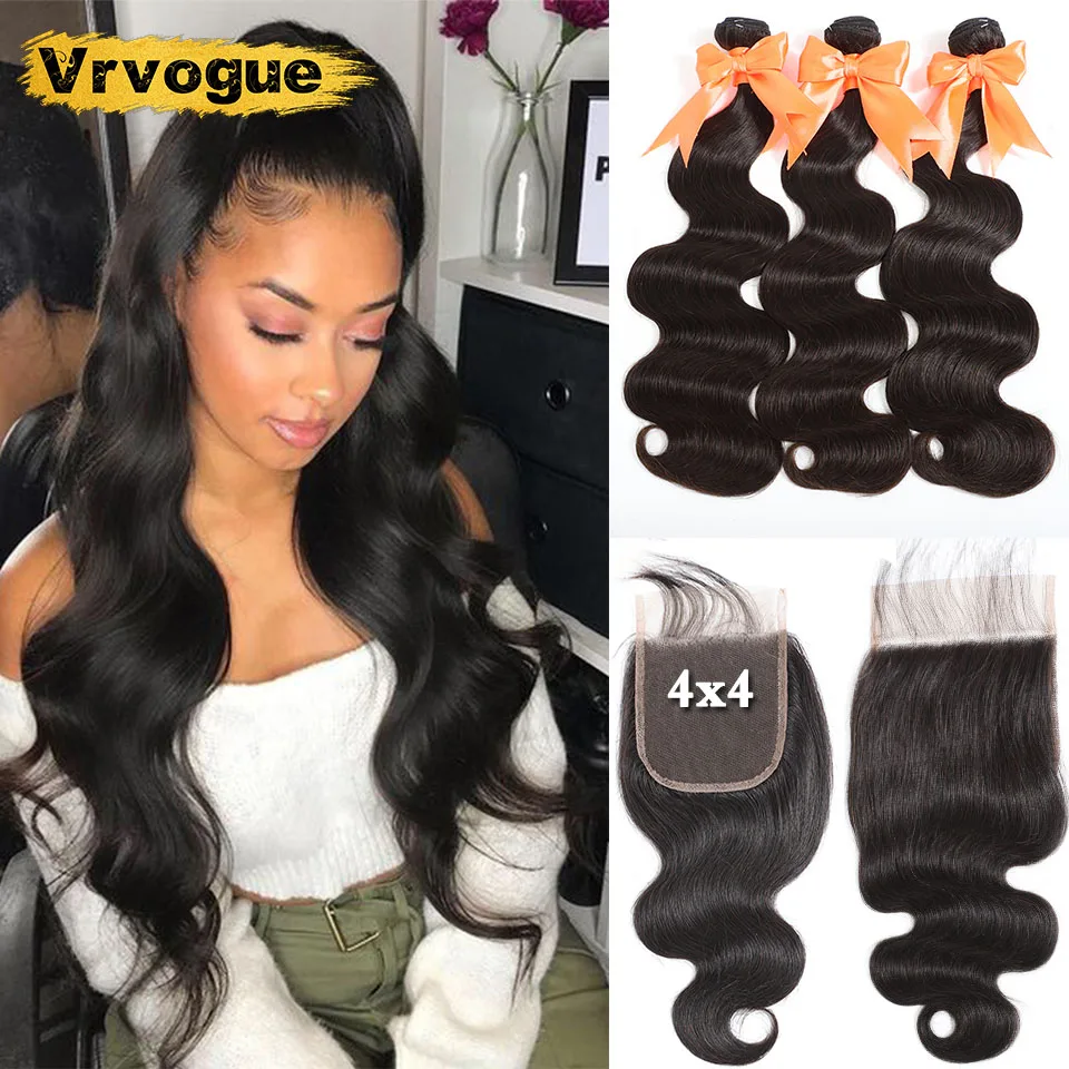 

Remy 8-30 Inch Human Hair Bundles With Closure Brazilian Body Wave Bundles With Closure Free/Middle/Three Part Vrvogue Hair