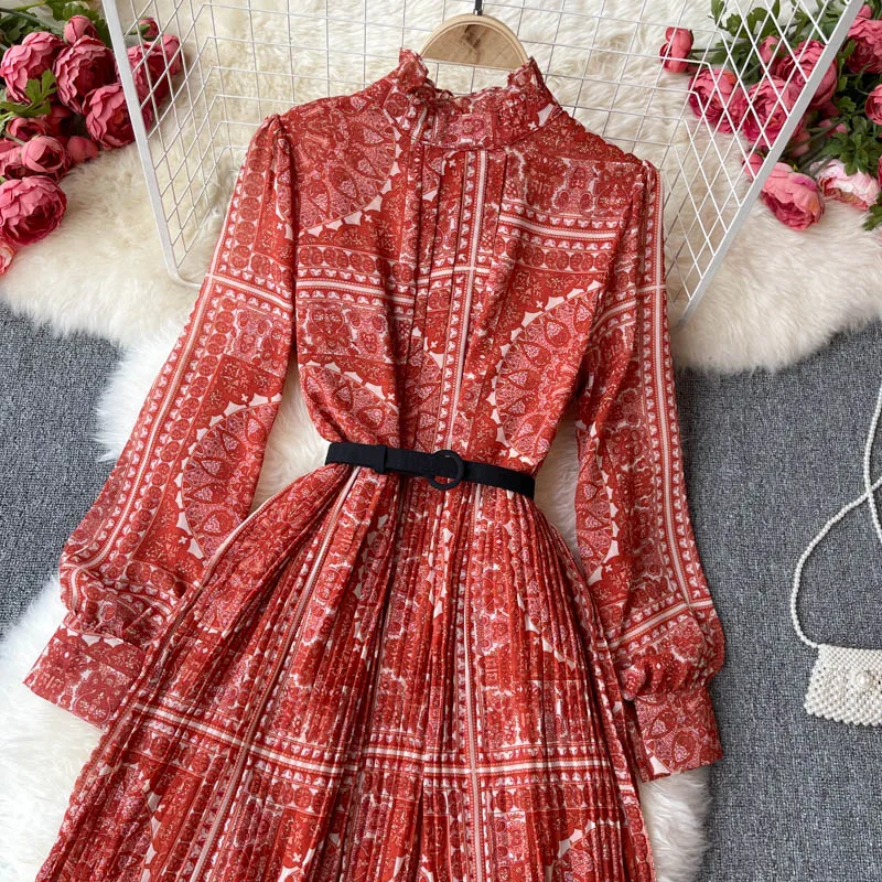 

Women Vintage Print Dress Spring Autumn Stand Collar Midi Pleated Chiffon Dress Woman Elegant A Line Party Dress Vestidos Mujer