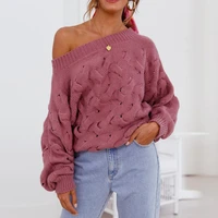 2021 winter new sexy off shoulder sweaters jumper womens lantern sleeve hollow out cable knitted chic design casual pullovers
