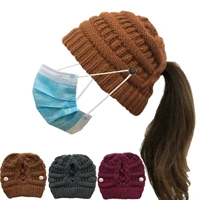 2020 new mask button detachable cross horsetail knitted hat with open back wool thermal cap ponytail beanie