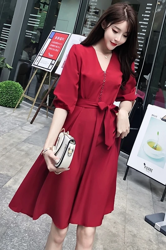 2020 The New Spring Women Bohemian Dress V-Neck Vintage Korean Fashion Elegant Ladies Party Casual Sexy Red Maxi Clothes | Женская
