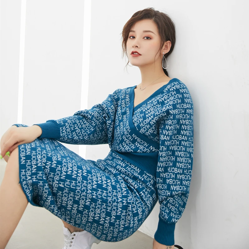 Фото CHEERART Two Piece Sweater Skirt Set V Neck Backless Letter Print Japanese Blue Crop Top Winter Woman Outfit 2019 CHEERART Two Piece Sweater Skirt Set V Neck Backless Letter Print Japanese Blue Crop Top Winter Woman Outfit 2019