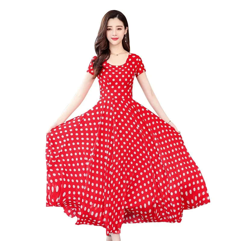 Женское богемное платье с коротким рукавом белое милое красное в горошек |