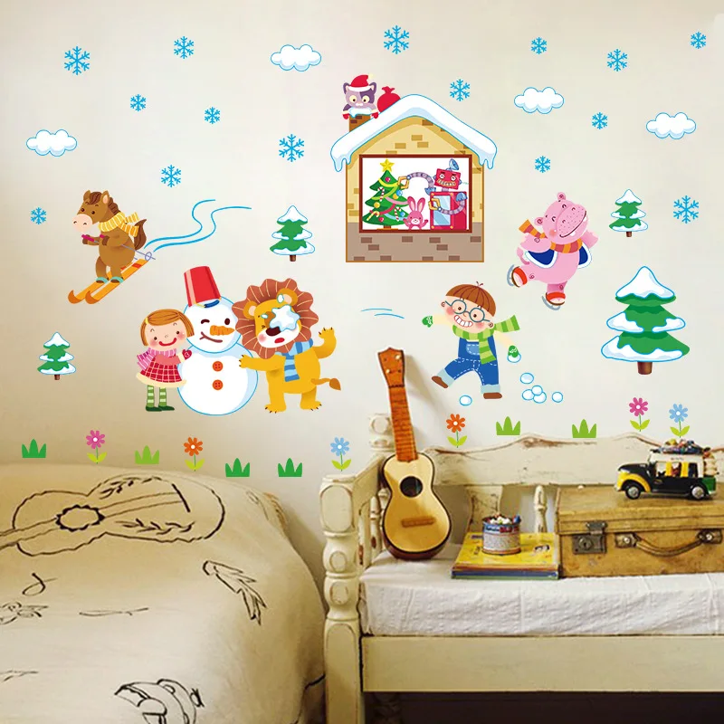 

Creative cartoon wall stickers cartoon kids play snow kindergarten children's room decoration PVC wallpaper