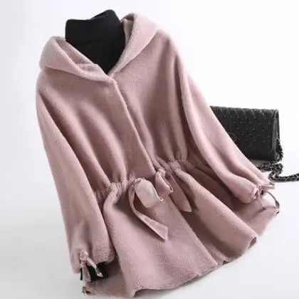 Women Winter Real Fur Overcoat Sheep Shearing Lady Warm Natural Genuin Lamb Wool Coat Hooded And Belt AE924 | Женская одежда
