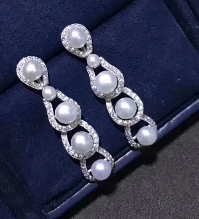 

D423 Pearl Earrings Fine Jewelry 925 Sterling Silver 3-6mm Round Fresh Water White Pearls Drop Earrings for Women