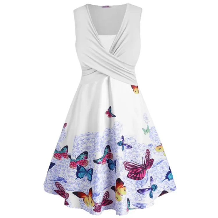 

WEPBEL Dress Women's Sexy Sleeveless Butterfly Print Slim Dress Summer Casual V-neck High Waist Pleated Ruffled Dress