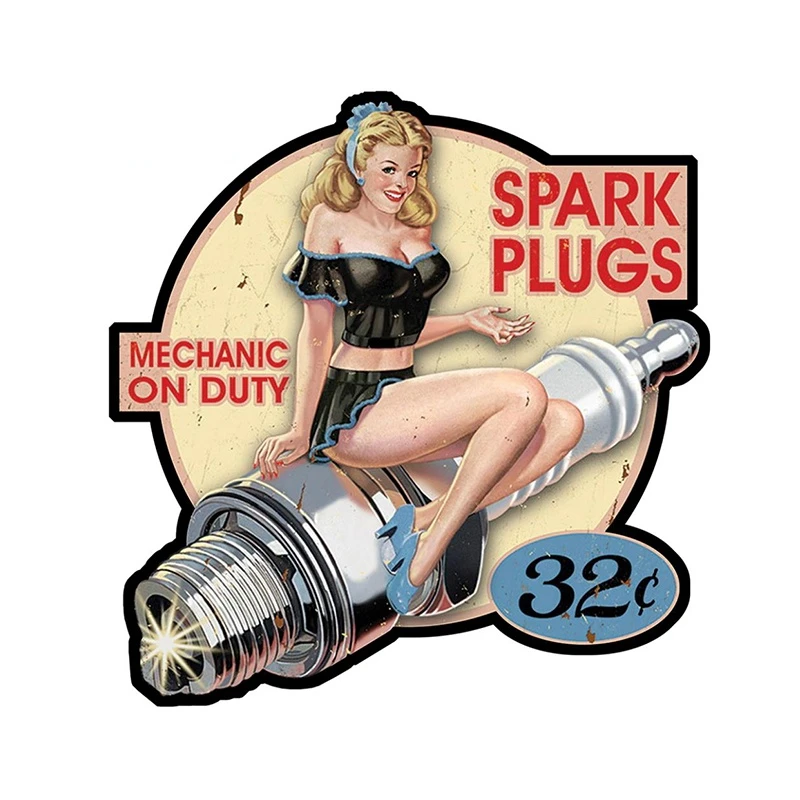 

Spark Plug Pin Up Girl Self-adhesive Hot Rod Car Sticker Cartoon Decal for Bumper Camper Scratch-Proof Exterior Decor PVC13x13cm