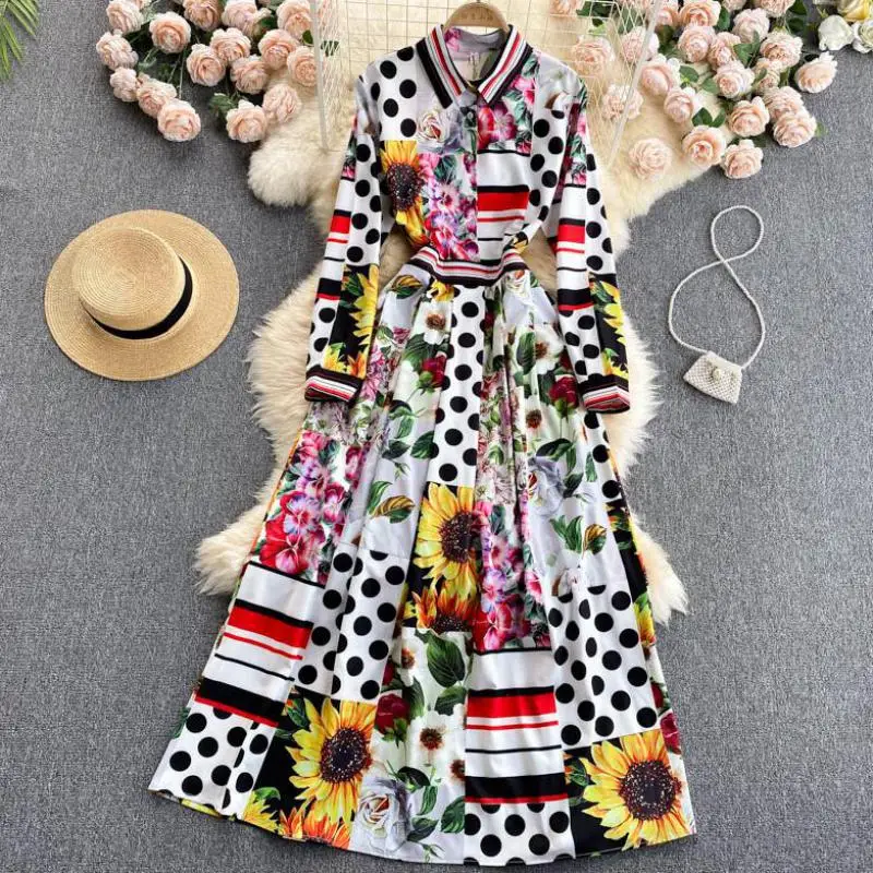 

Elegant Spring Autumn Retro Fashion Printing Women Runway Dress High Quality Turn-down Collar Shirt Long Maxi Party Dresses