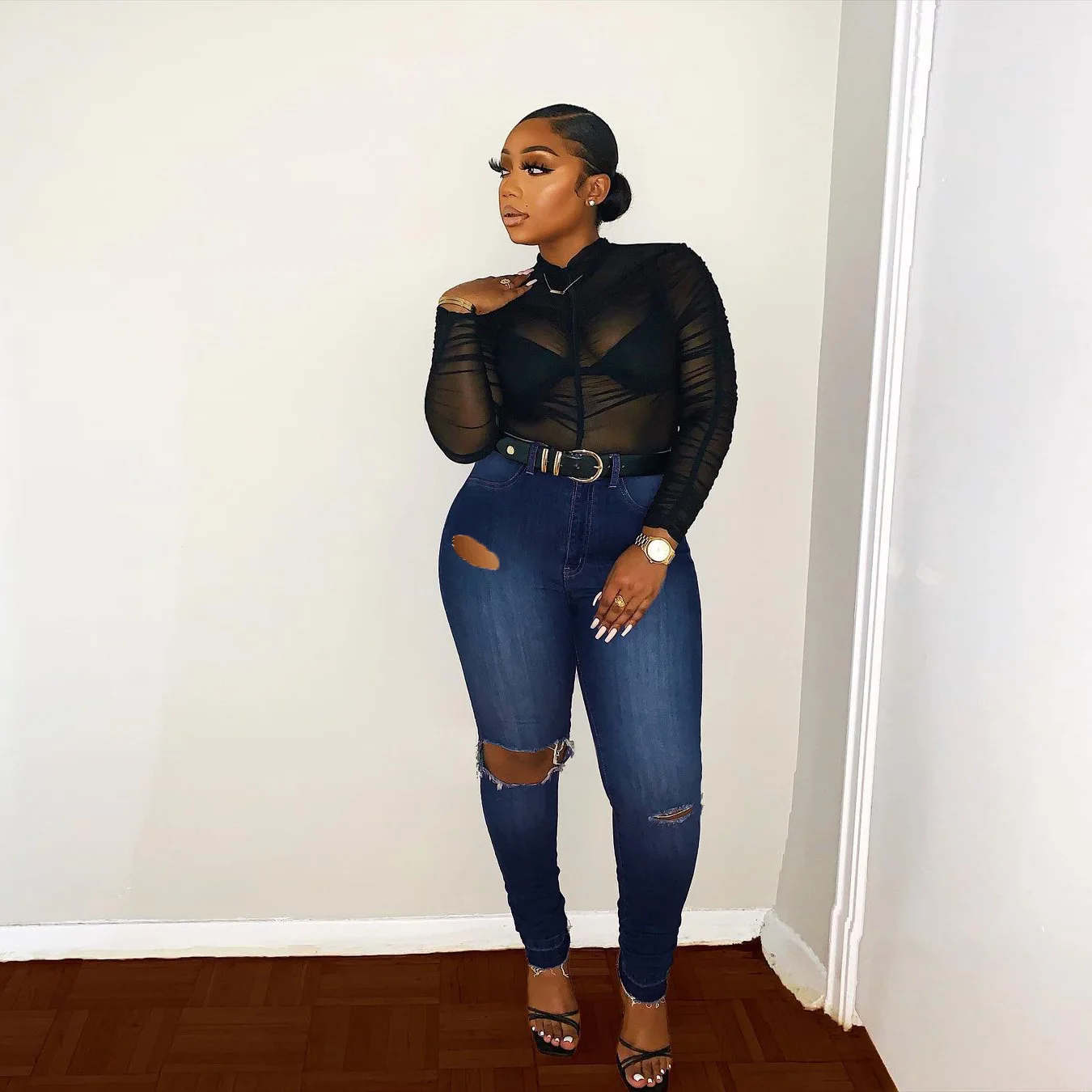 

FNOCE women's ripped jeans pants winter 2020 large size fashion casual elegant high waist tight stretch hole denim pencil pants