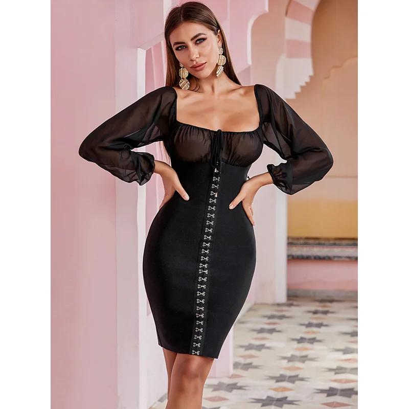 Кружевное платье с длинными рукавами квадратный Оболочка Короткие длиной выше