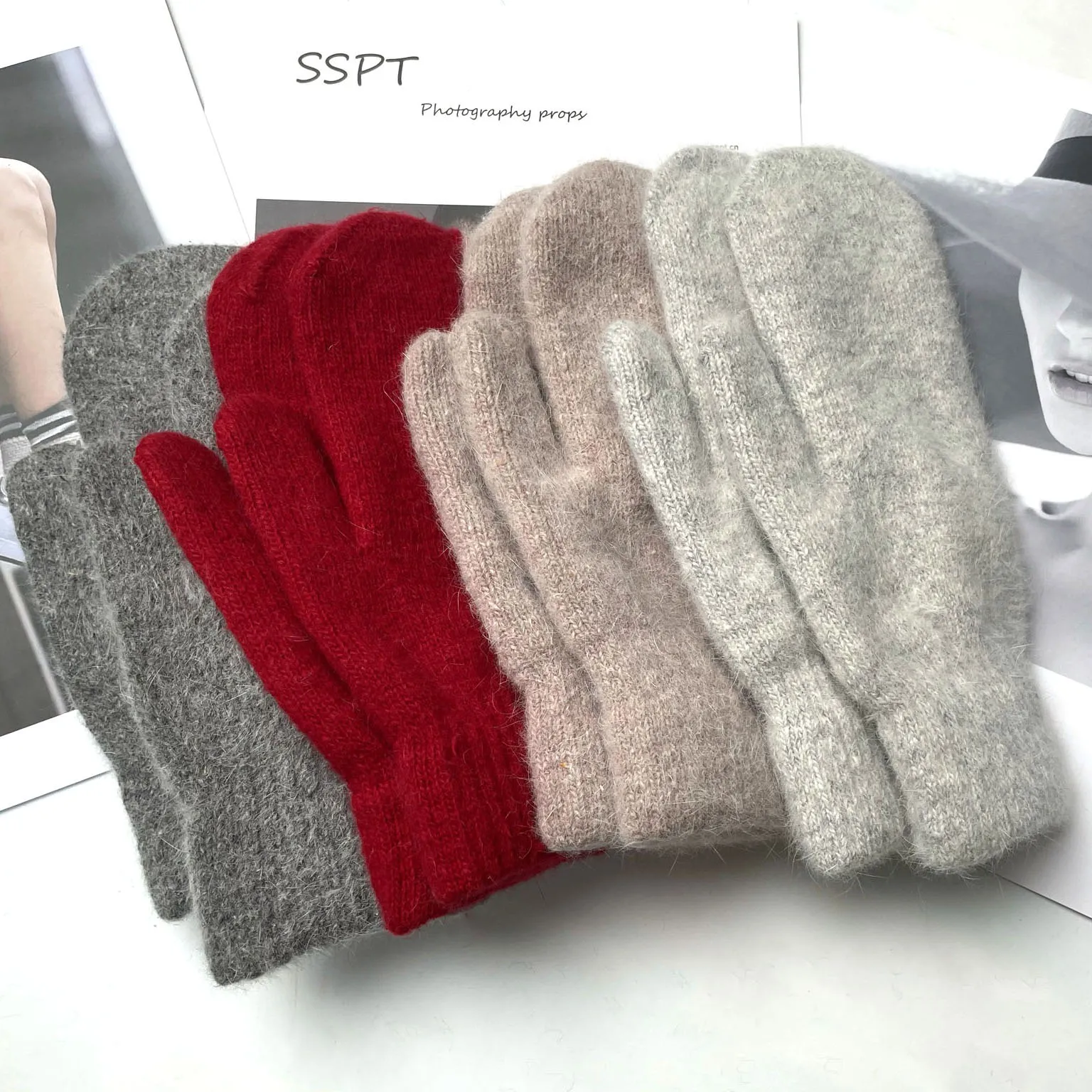 

Double-layer rabbit hair gloves female winter Korean version of solid color all fingers winter women gloves girls mittens