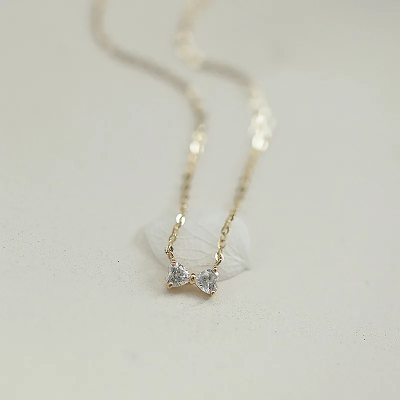 

High Sense 925 Sterling Silver Plated 14K Gold Necklace Mini Love Bowknot Clavicle Pendant Japanese Sweet Short Chain