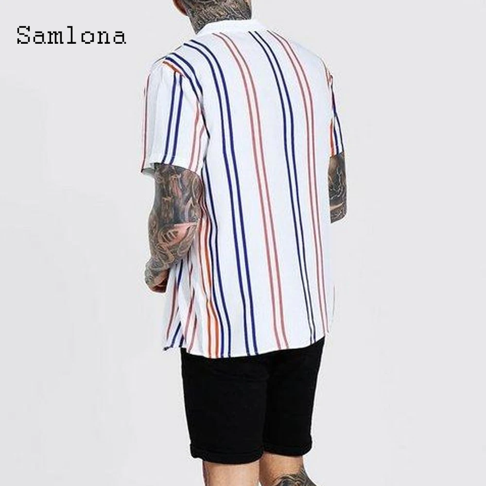 

Men Fashion Tops Open Stitch Model Shirt 2021 Short Sleeve Patchwork Stripe Blouse Latest Summer Casual Shirt Sexy Mens clothing
