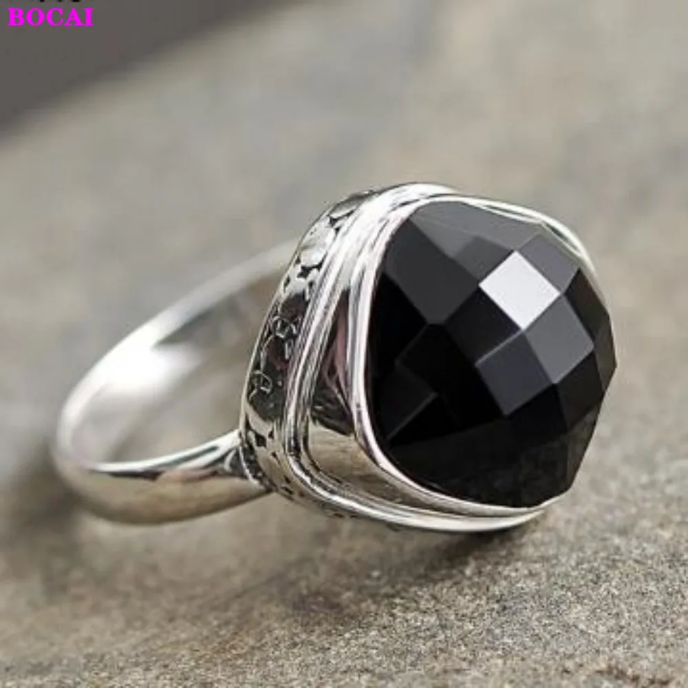 

Natural cut Black natural stone Thai silver Ring fashion personalized ring female S925 Sterling Silver Ring silver jewelry