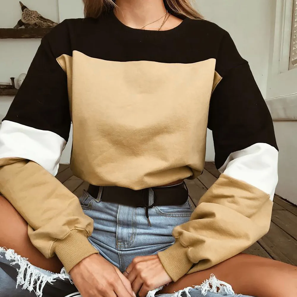 

Fashion Splicing T-shirt Women 2020 New Autumn O-neck Long Sleeve Tops Tee Casual Loose Women Pullover T-shirts Mujer Camiseta