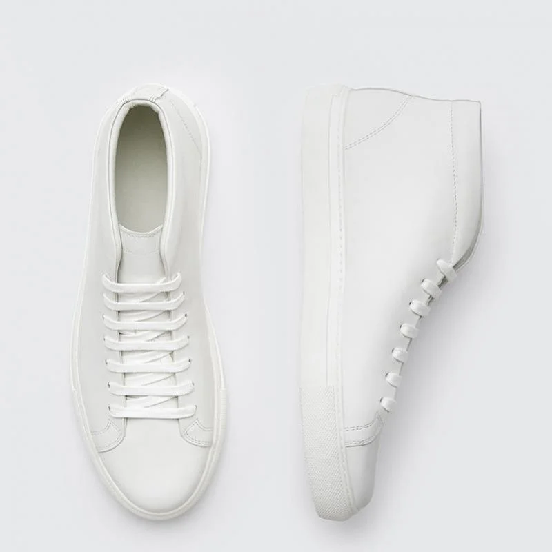 

Vulcanized Women's Autumn Comfortable Cowhide Leather Round Toe Lace-up Sneakers Casual High-top White Shoes Men