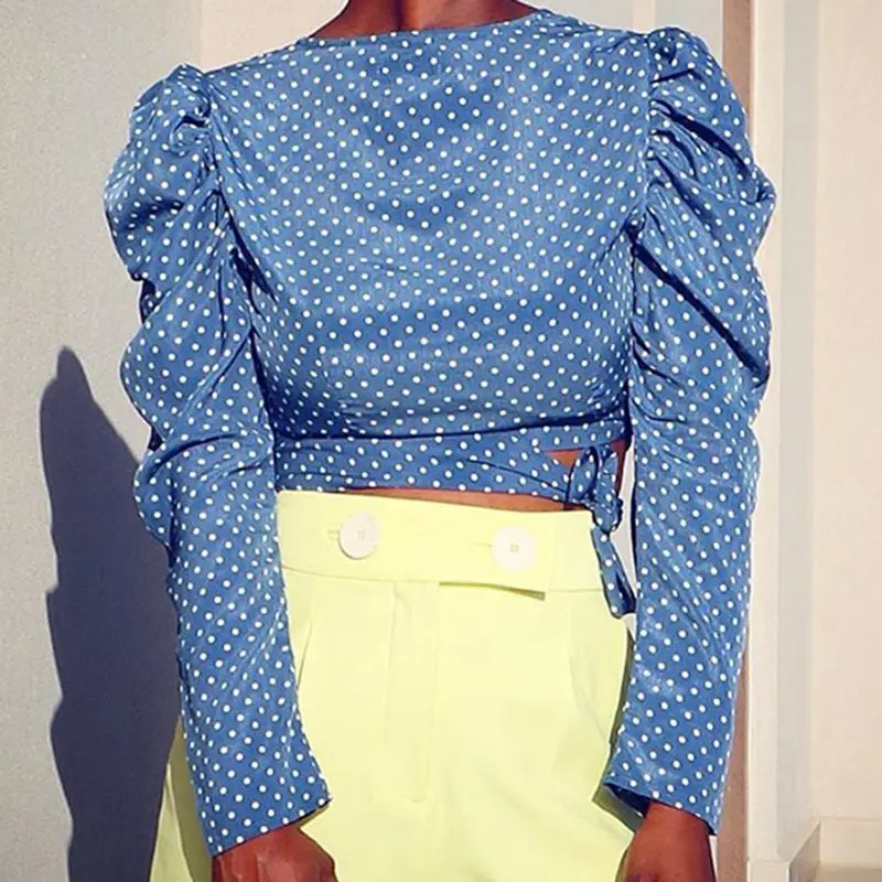 2019 осенний пышный короткий топ с длинным рукавом в синий горошек принтом для