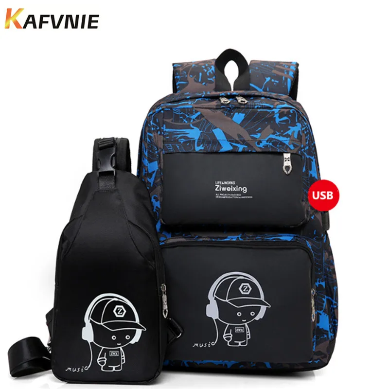 

New 2 IN I1 High School USB Male Backpack Set for Boys Chest Bag Student Book Bag Men Women School Travel Backpack 2018