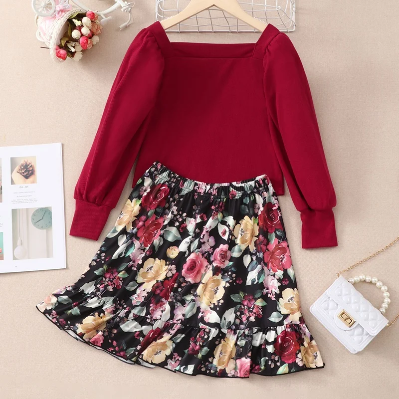 Girls Outfits Kids Clothes Girls 2 Pcs Sets Solid Long Sleeve Tops+flower Print Skirt Boho Children Clothes Spring Fall 5-10Y
