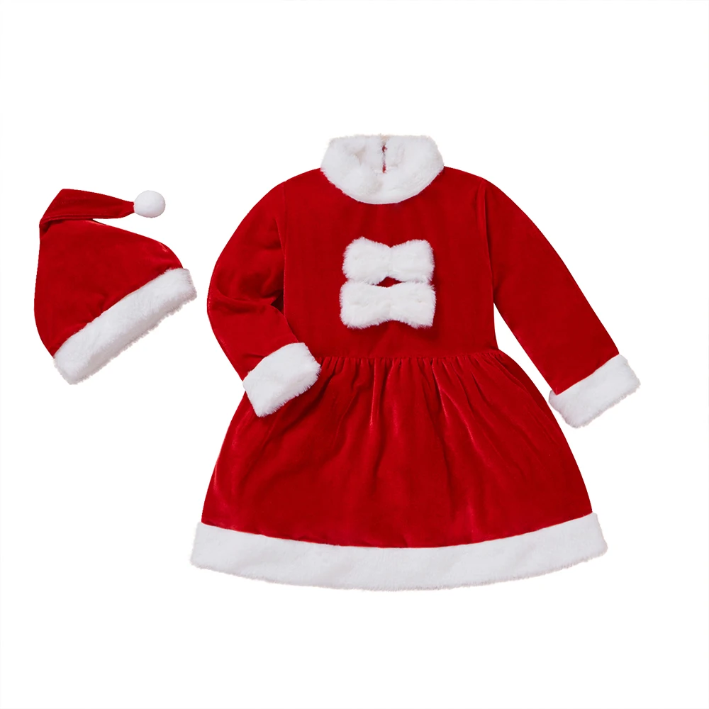 

Christmas Newborn Velvet Baby Girls Fur Collar Pullover O-Neck Long Sleeve 1/2 Zipper Bow Solid Knee Length Classic Winter Dress