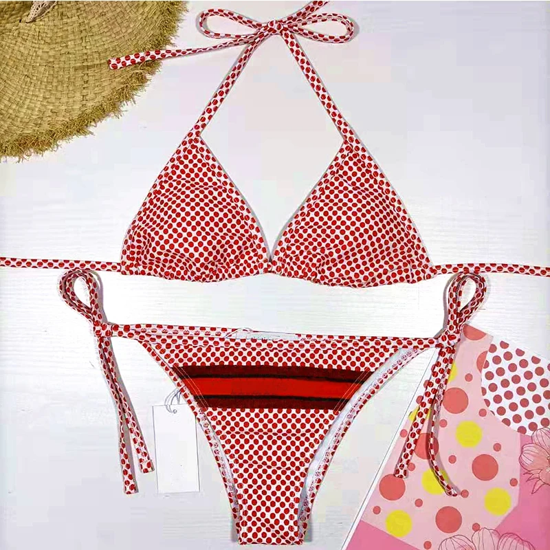 

Bikini 2021 Women Swimsuit Push Up New Two Piece Summer Red Dots Swim Suit String Thong Sierra Surfer Print Polyester Rash Guard