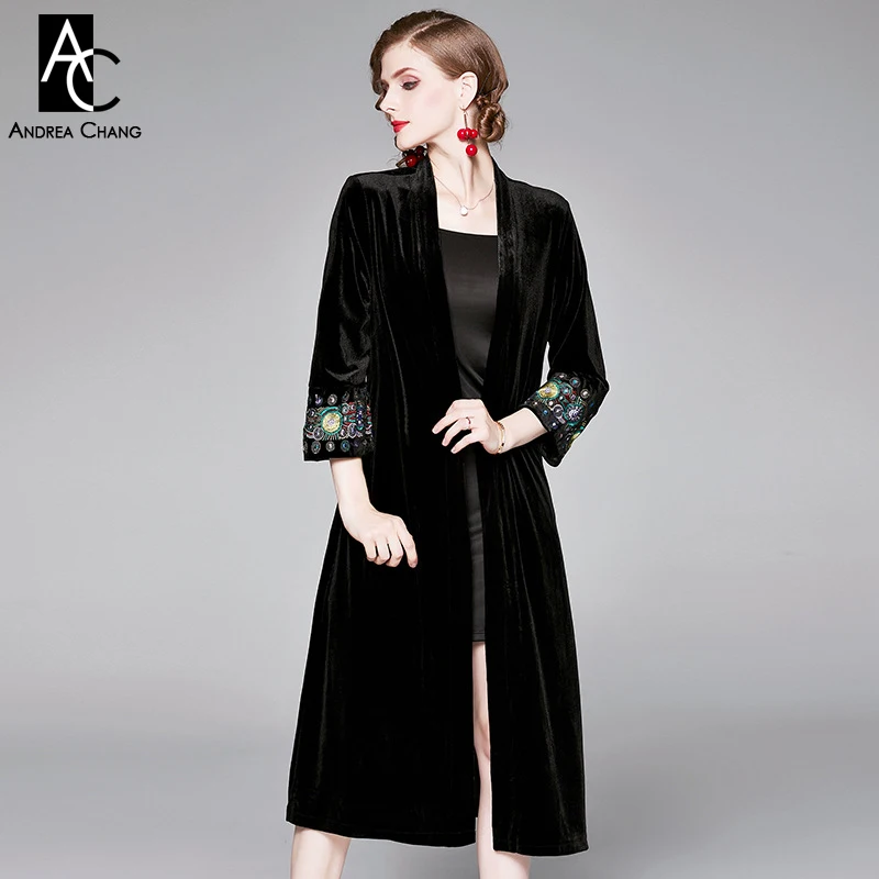 Женский бархатный Тренч до середины икры длинный винтажный с вышивкой Пейсли и