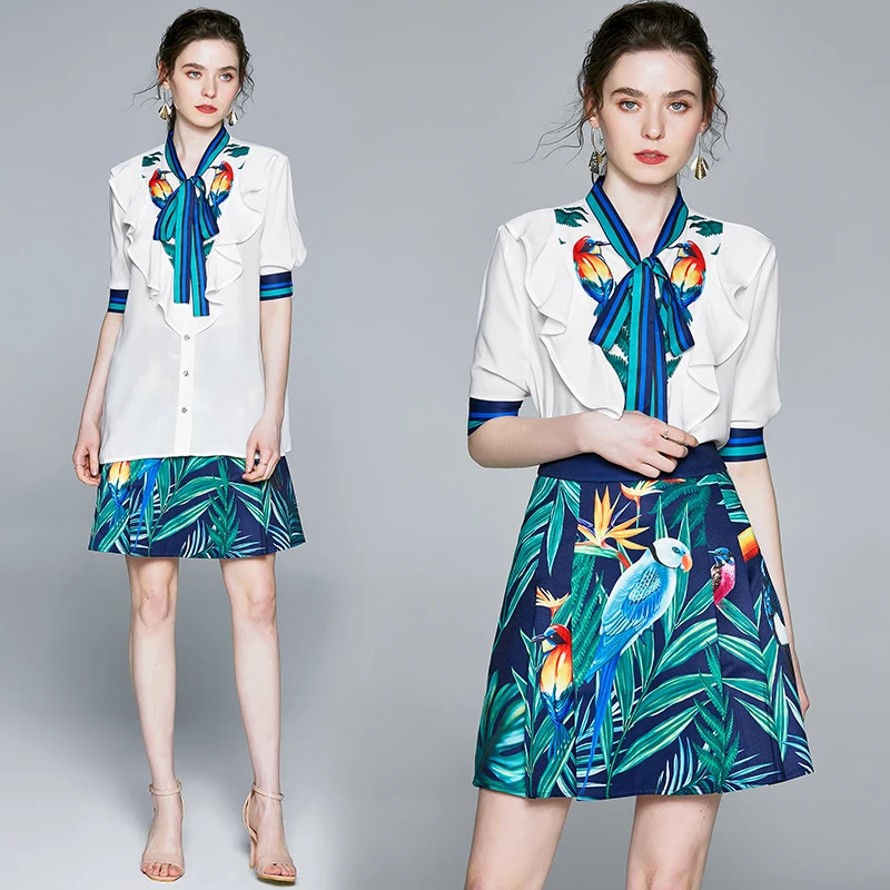 

2020 Women High quality Ruffles Bow blouse + floral Print skirt women summer Elegant two-piece suit Slim Skirt sets