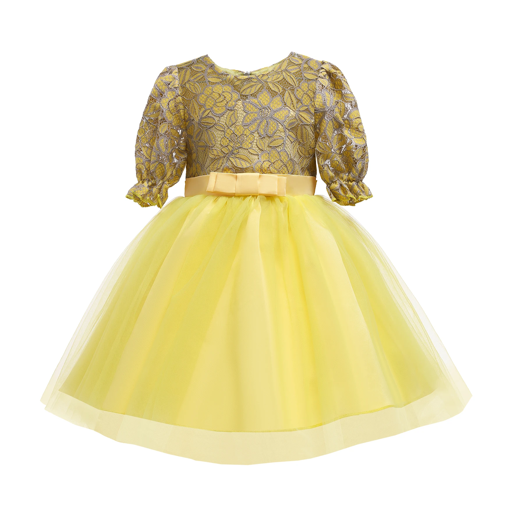 

Girls Dresses for Evening Party 2021 Summer Girls Ball Gown Dress Children Costume Clothes Yellow Net Short Sleeve Gown Dresses