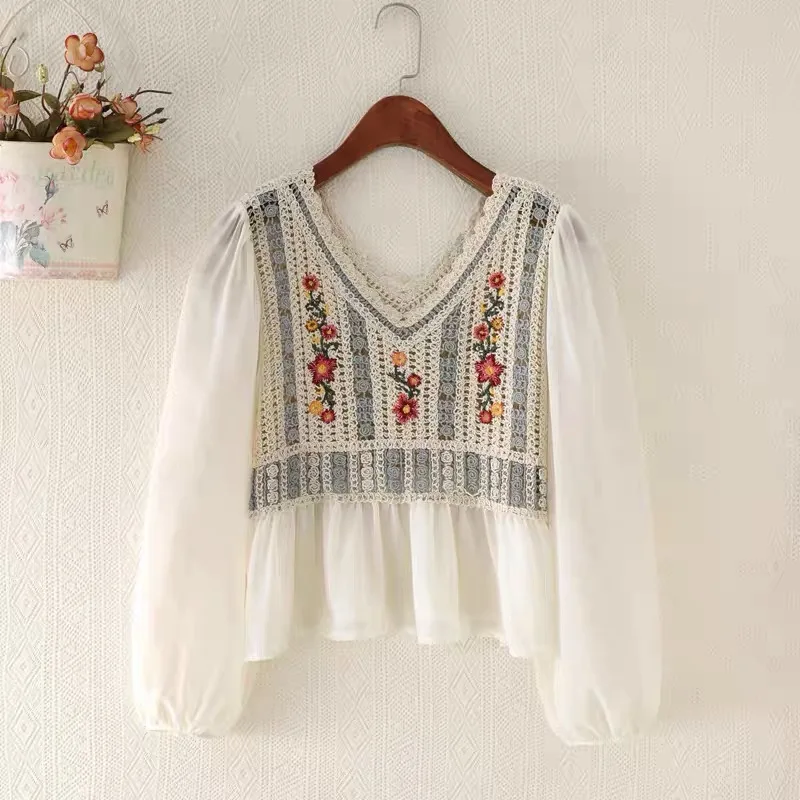

Floral Embroidered Shirt Women Tops 2021 Spring Summer Vintage V-Neck Long Sleeve Hollow Out Knitted Patchwork Chiffon Blouse