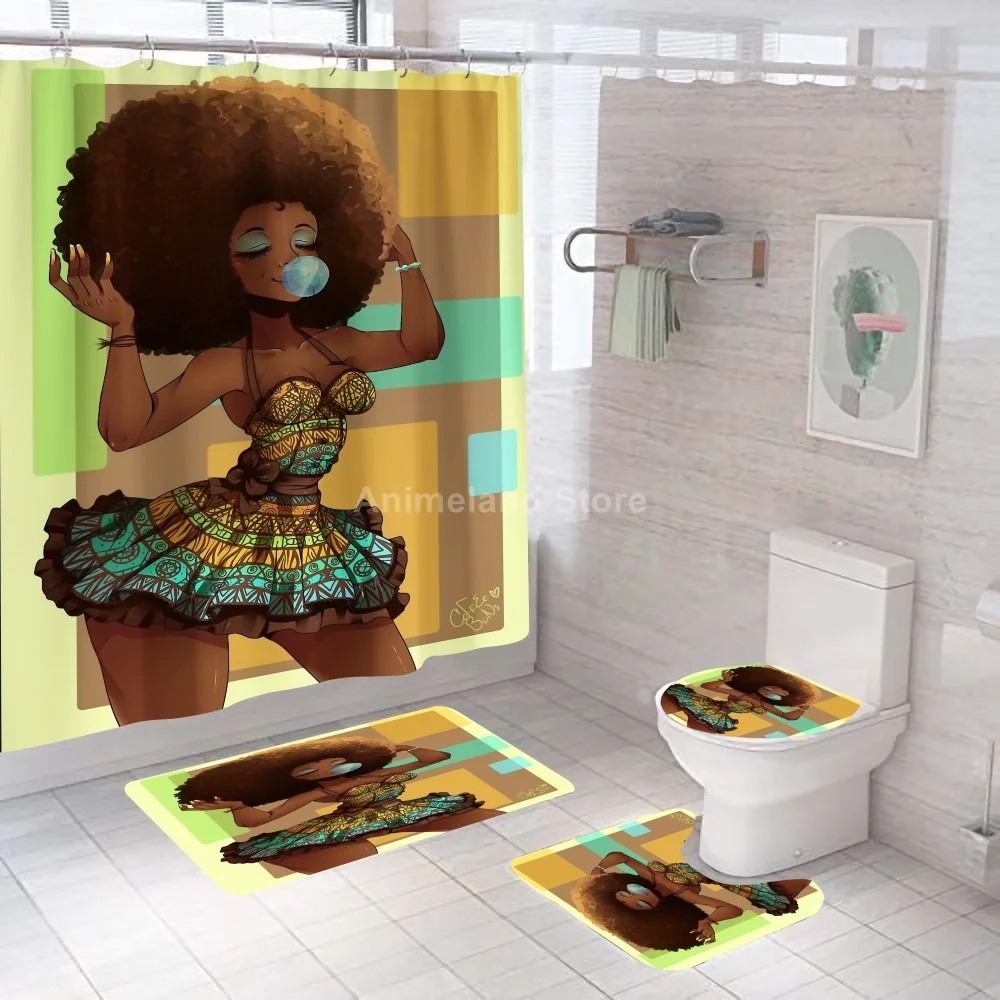 African Girls Shower Curtains Sexy Woman Bathroom Curtain Bath Sets Toilet Cover Mat Non-Slip Washroom Rug Set Modern 180x180cm | Дом и сад