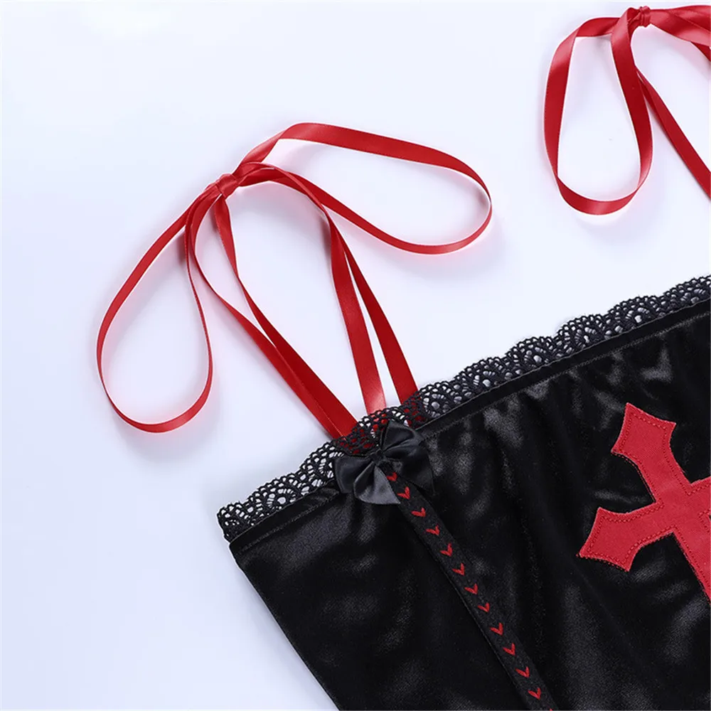 

Gothic Dark Cross Crop Top Summer Sexy Mysterious Lace Trim Red Black Camis Classic Sleeveless Backless Tees