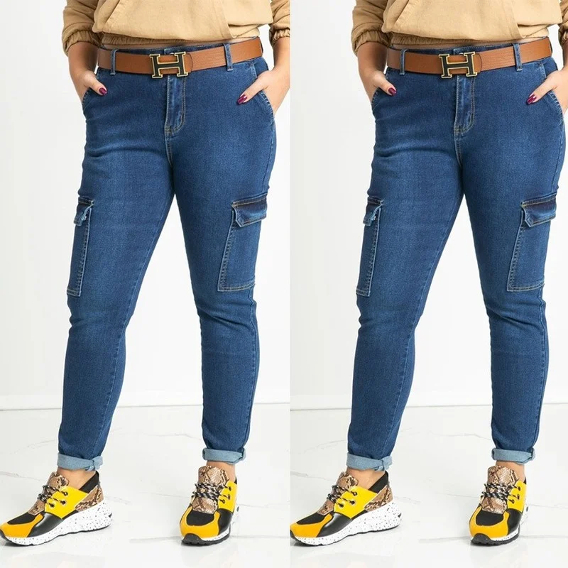 

Solid Color Jeans Women's Casual Slim Pocket Stitching Jeans Autumn Fashion Button High Waist Denim Pencil Pants