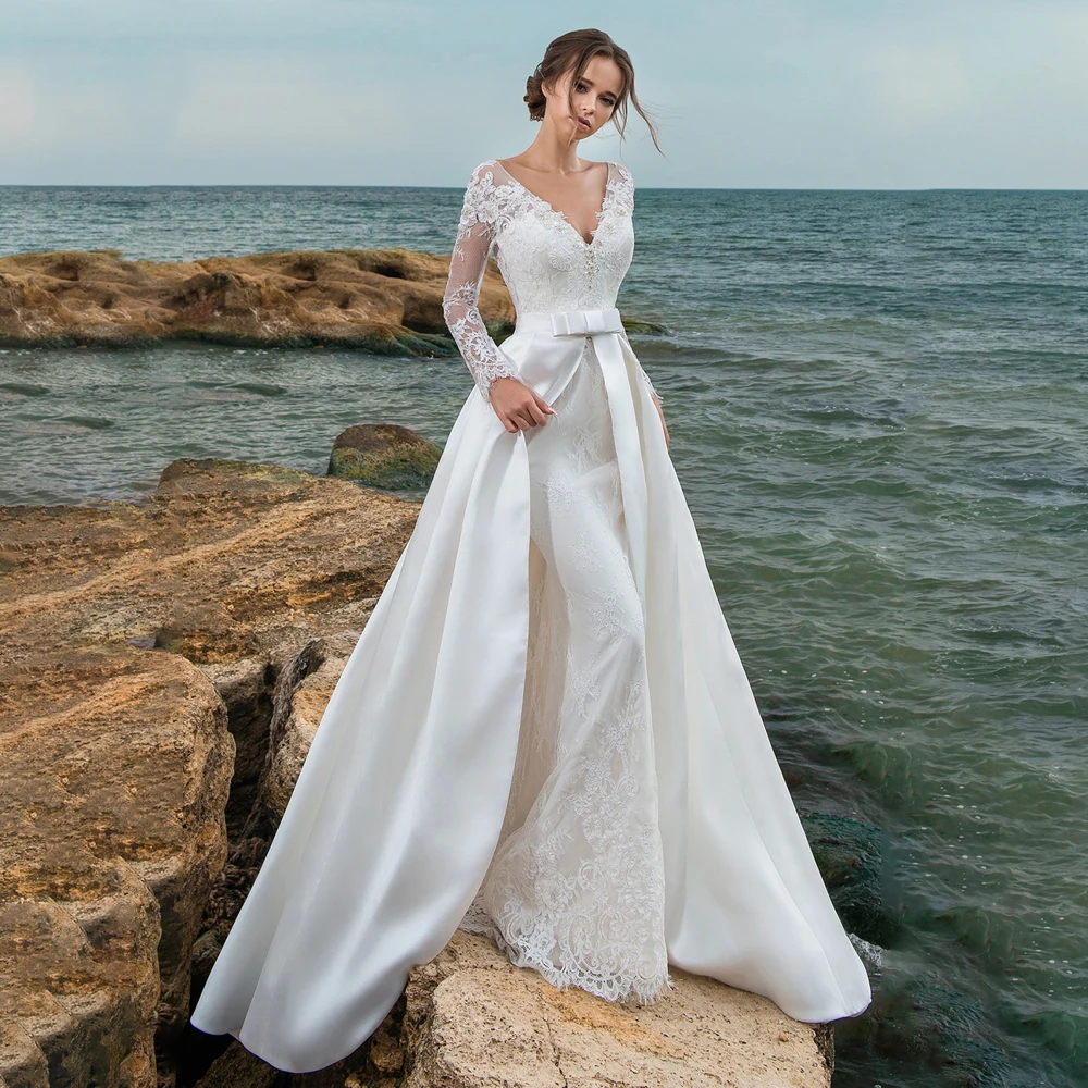 

Sexy Lace Wedding Dress 2020 V-neck Satin Mermaid Vestido de noiva Court Train Long Sleeve Bridal gown Detachable Train