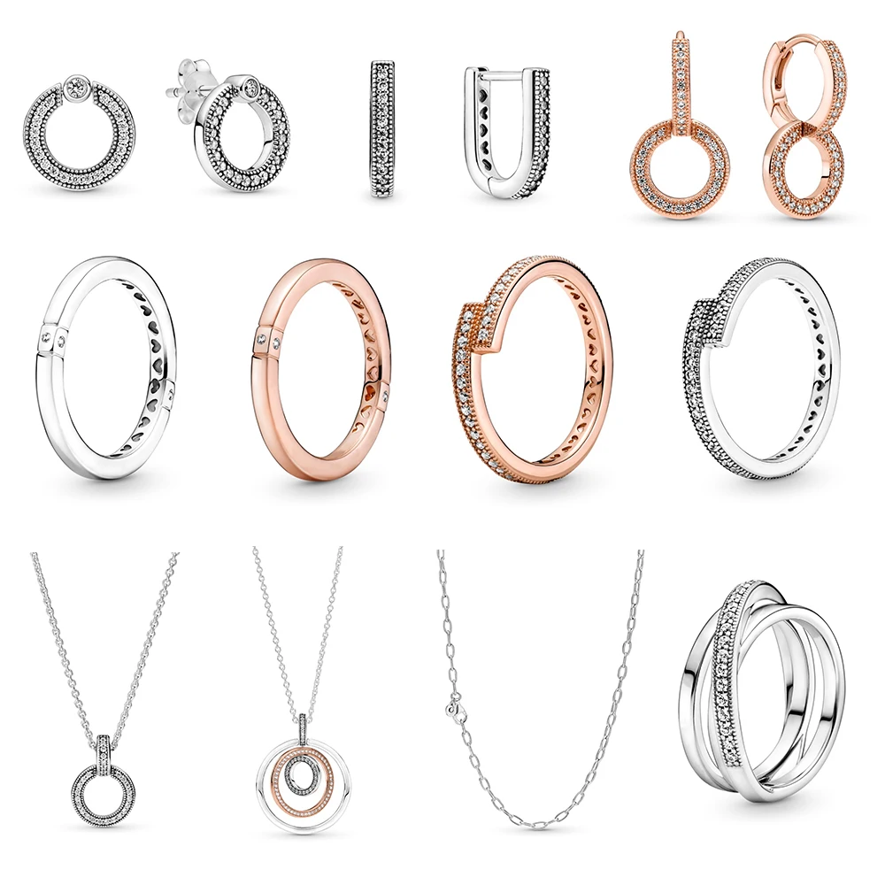 

2021 высококачественное Сверкающее кольцо pandora из стерлингового серебра 925 пробы с двойным кольцом подвеска и ожерелье серьги в подарок