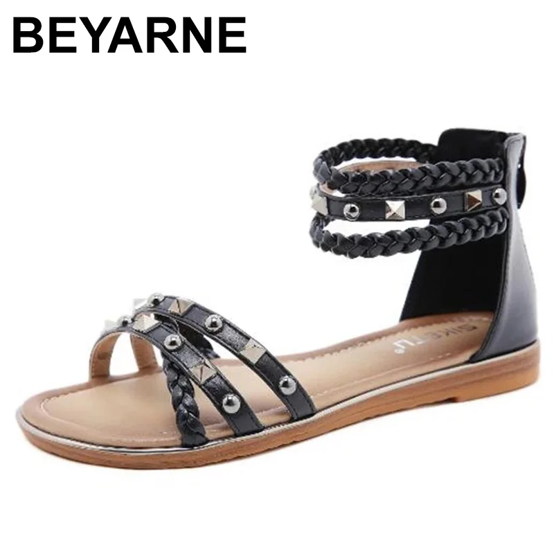 

BEYARNE European And American New Female Sandals Ethnic Style Sandals Female Rivet Woven Large Size Flat Retro Roman Sandals