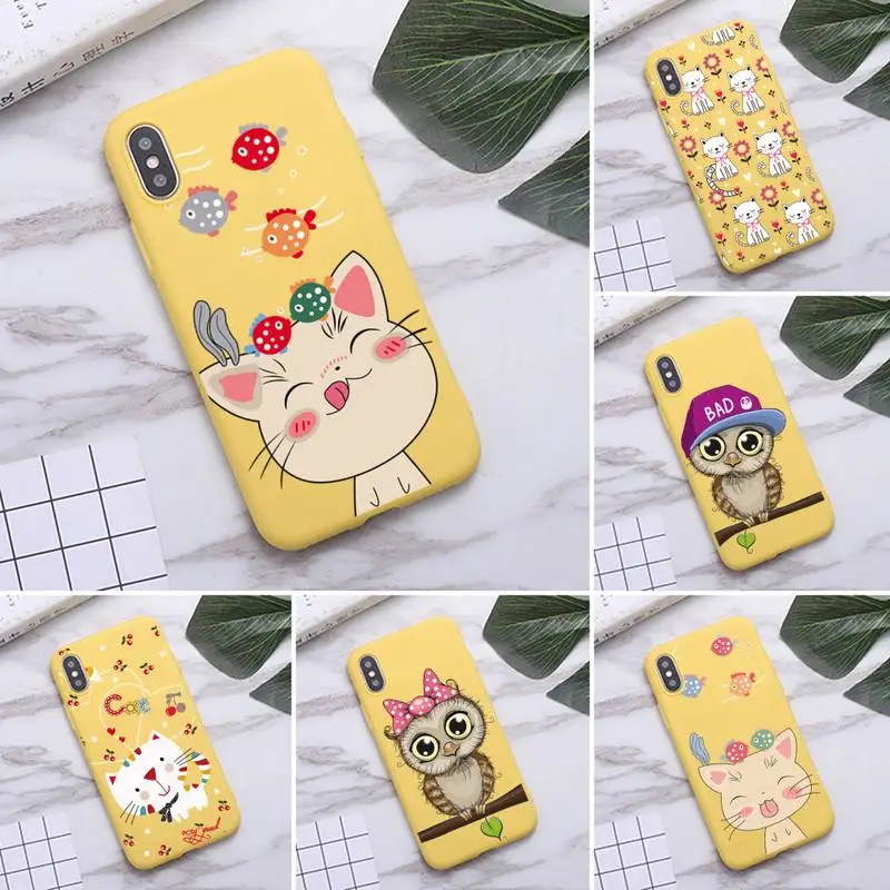 

USAKPGRT Cute cat owl Phone Case for iPhone 12 mini 11 Pro Max X XR XS 8 7 6s Plus Candy yellow Silicone Cases