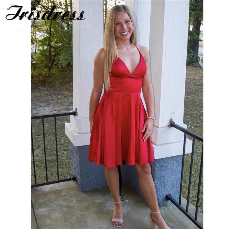 Красное платье для выпускного вечера с V образным вырезом 2019 короткое вечерние