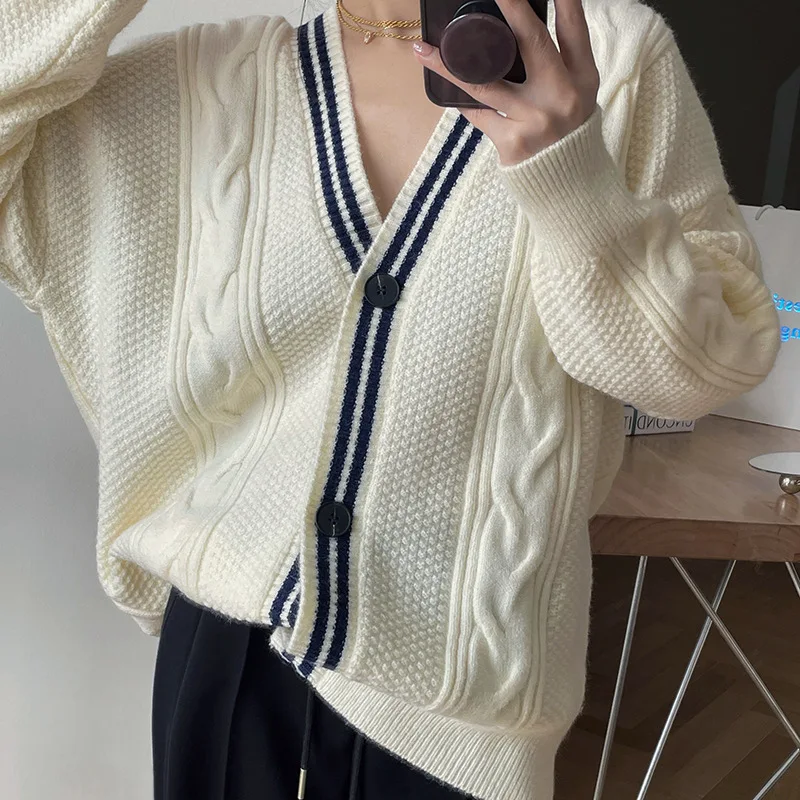 

Women Sweater Color Contrast Female 2021 Autumn Winter New Harajuku Retro Product Korean Version Of The V-Neck Loose Cardigan